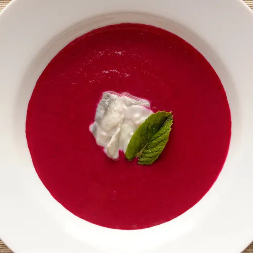 Chilled Beet Soup with Greek Yogurt, Mint and Pickled Herring