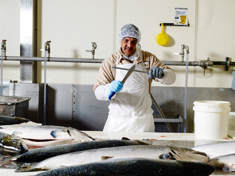 man cutting salmon