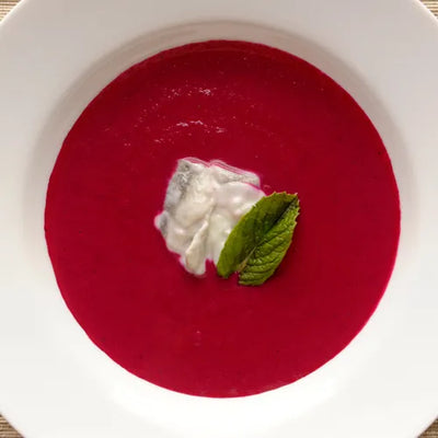 Chilled Beet Soup with Greek Yogurt, Mint and Pickled Herring