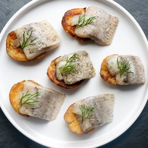 Crispy Baby Potatoes with Pickled Herring and Dill
