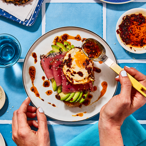 Smoked Tuna Avocado Toast with Chili Crisp