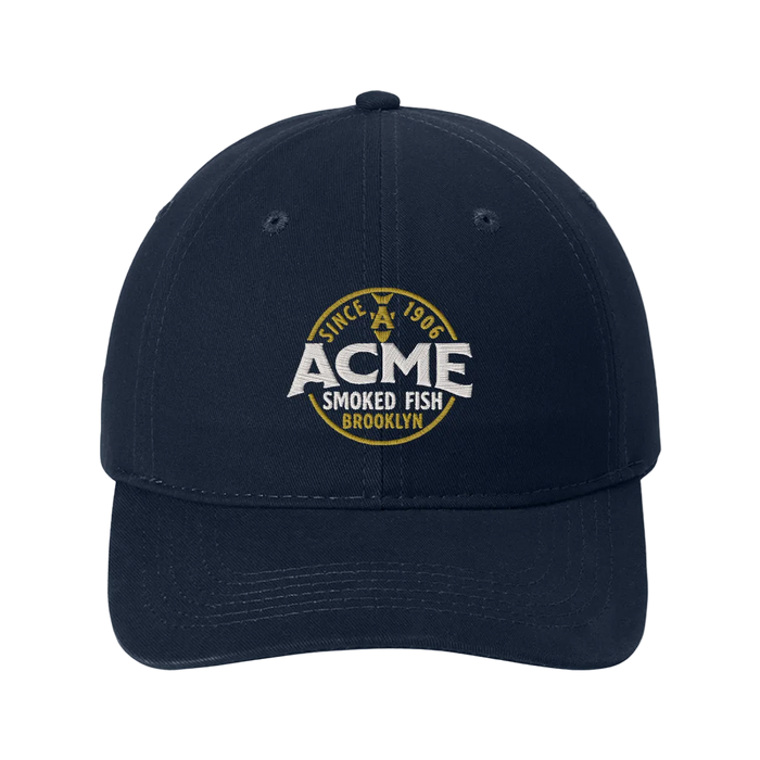 Navy blue cap with Acme Smoked Fish Brooklyn logo on a white background