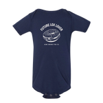 Navy blue baby onesie with 'Future Lox Lover' graphic and text on a white background