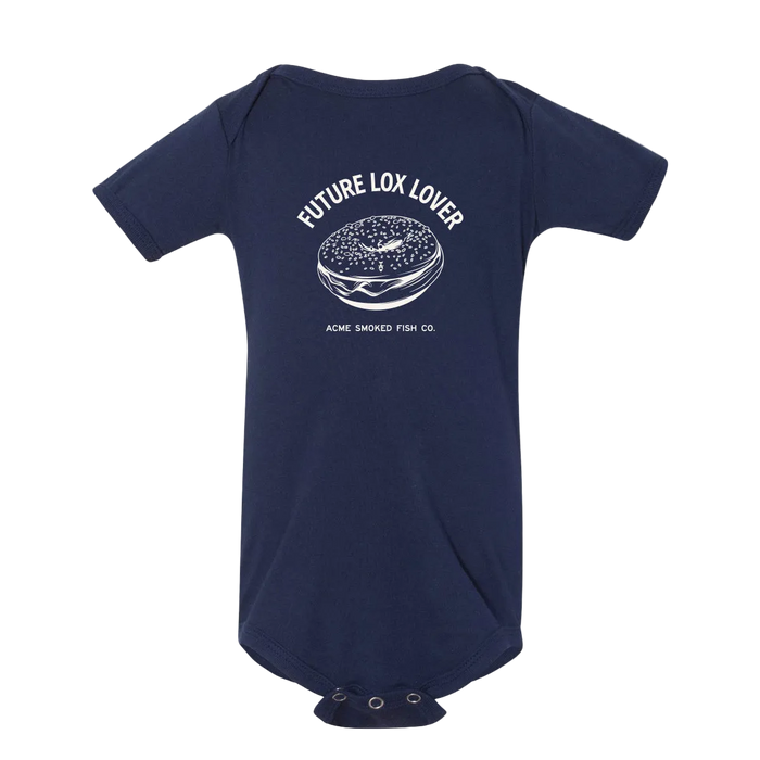 Navy blue baby onesie with 'Future Lox Lover' graphic and text on a white background