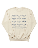 Beige sweatshirt with fish illustrations and text on a white background