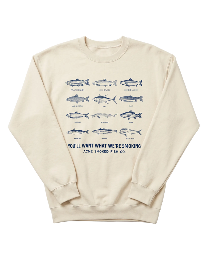 Beige sweatshirt with fish illustrations and text on a white background