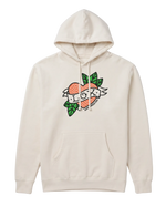 Beige hoodie with a colorful graphic design on a light gray background