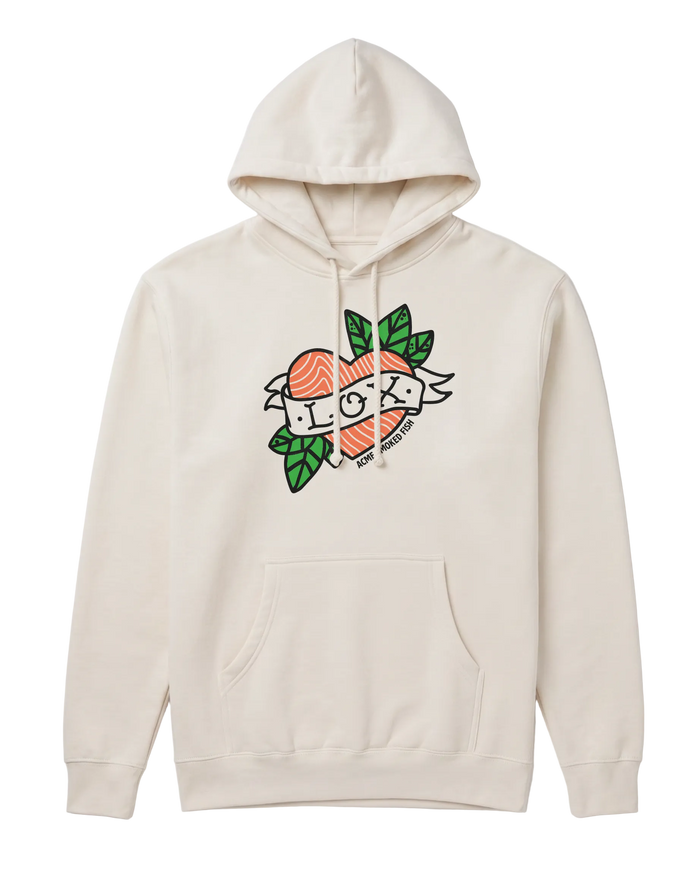 Beige hoodie with a colorful graphic design on a light gray background
